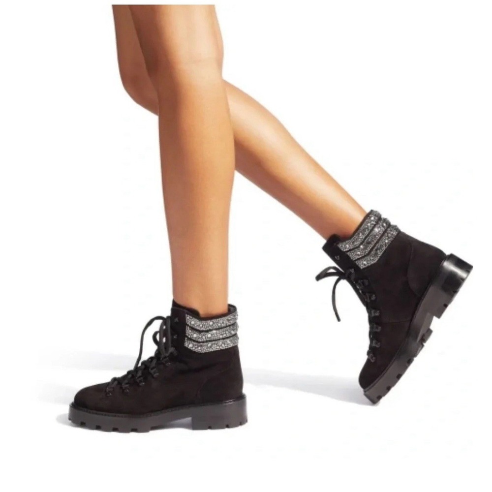 Jimmy Choo Eshe Women's Combat Hiking Boots Black Suede Lace Up Size EU 37 US 7